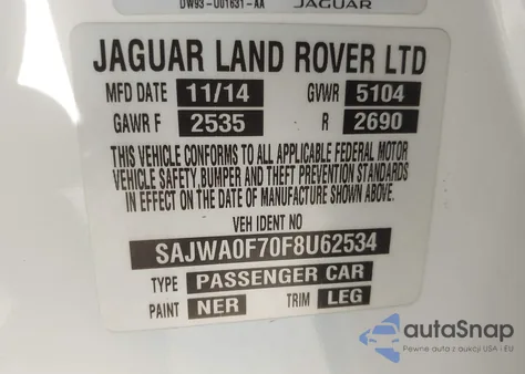 2015 Jaguar Xf 3.0 Portfolio/3.0 Sport z USA, uszkodzony, nr VIN SAJWA0F70F8U62534